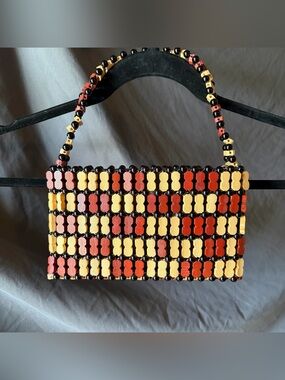 Small African Beaded Purse with Handle Wooden Beads Multicolor Unique Boho